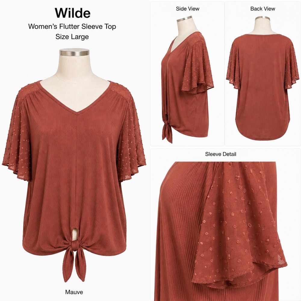 Wilde Womens Flutter Sleeve Top‎ Mauve Ribbed Swiss Dot Front Tie V-Neck Large